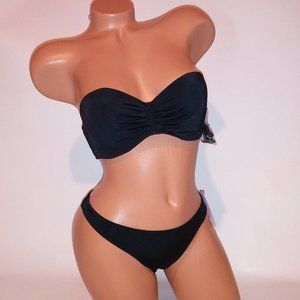 Victoria Secret Swim Bikini 32D Top Small‎ Bottom Solid Black Bandeau Underwire